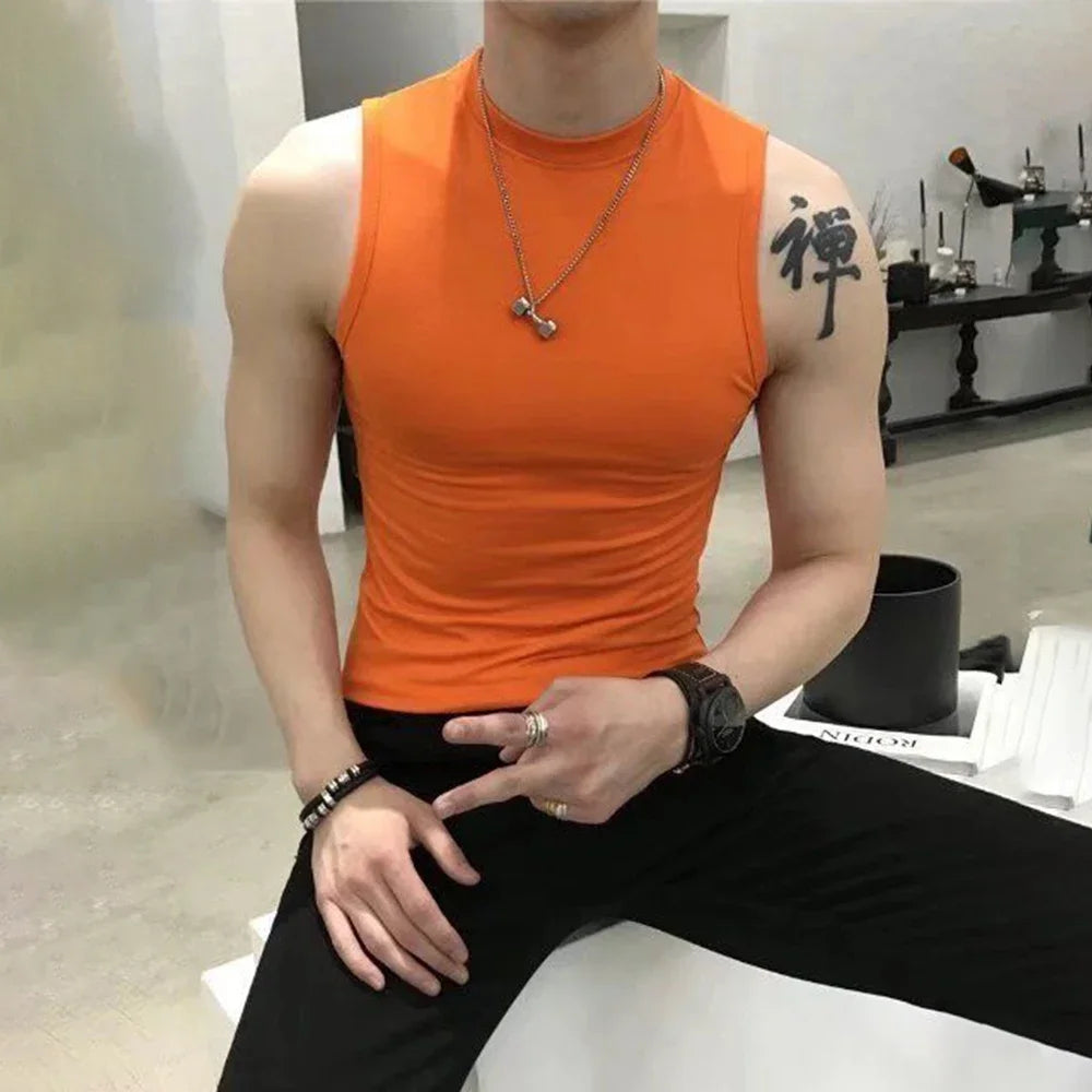 saferido Summer Vest Men's Trend Tight Stand Collar Sleeveless Sexy T-shirt Top American Slim Fitness Stretch I-word Vest Bottoming Shirt