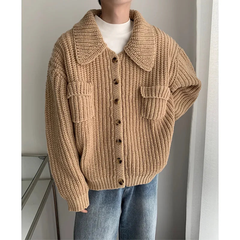 saferido Winter Thick Cardigan Sweater Men Warm Fashion Short Sweater Coat Men Korean Loose Lapel Sweater Cardigan Mens Jumper Clothes