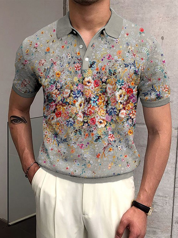 Pullover Tops Mens Fashion Turn-down Collar Button-up Polos Vintage Print Polo Shirt Men Summer Short Sleeve Casual shirts