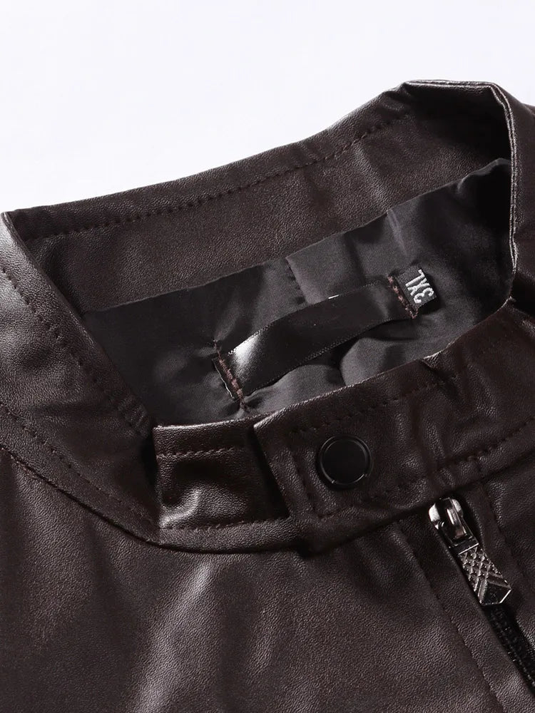 Autumn Business Men's Leather Jackets Motorcycle Bike Streetwear Clothing Men Stand Collar Pocket Zipper Overcoat Man