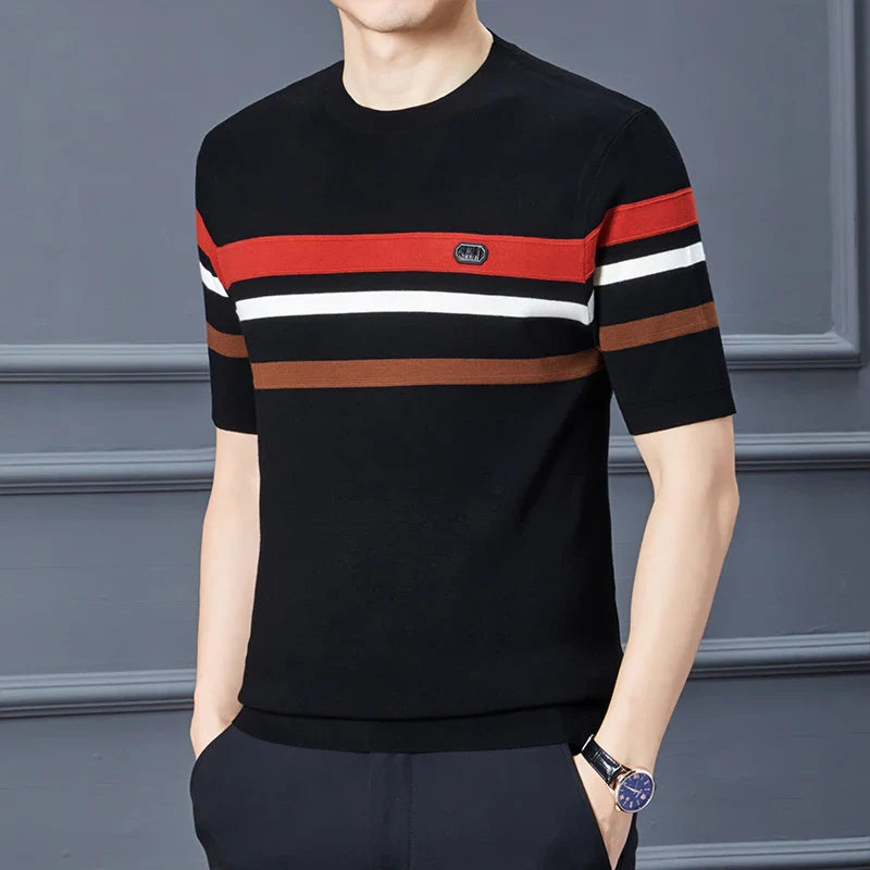 saferido Round Neck Men's Knitwear Spring 2024 Silk Velvet Half Sleeve Thick T-shirt Business Gentleman