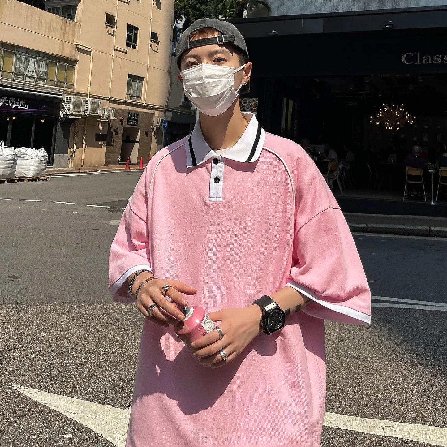 saferido Korean Style Man Polo Shirt Fashion Oversized Patchwork Short Sleeve Turndown Men's Shirts Fashion Streetwear Polos for Men