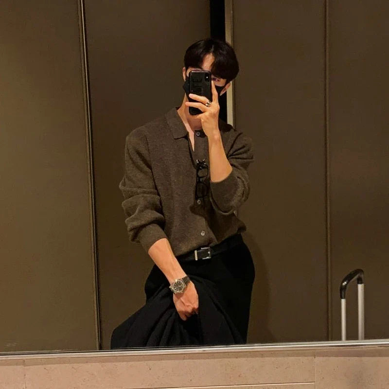 saferido Korean Style Fashion Solid Color Lapel Men's Knitted Cardigan Single Breasted High-end Long Sleeve Cardigan Men Sweater Coat