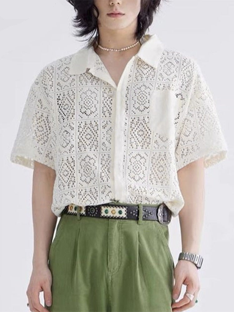 Fashion Casual Style New Men's Tops INCERUN Hollow Lace Pane Flower Printed Blouse Male Knitted Short-sleeved Shirts S-5XL