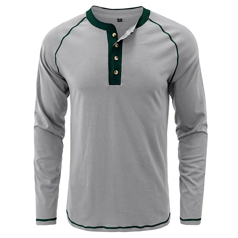 Spring Mens TShirt Solid Color Long Sleeve Cotton Casual Streetwear Outdoor Tops Tees Men Fashion O Neck T Shirt Button Top Man