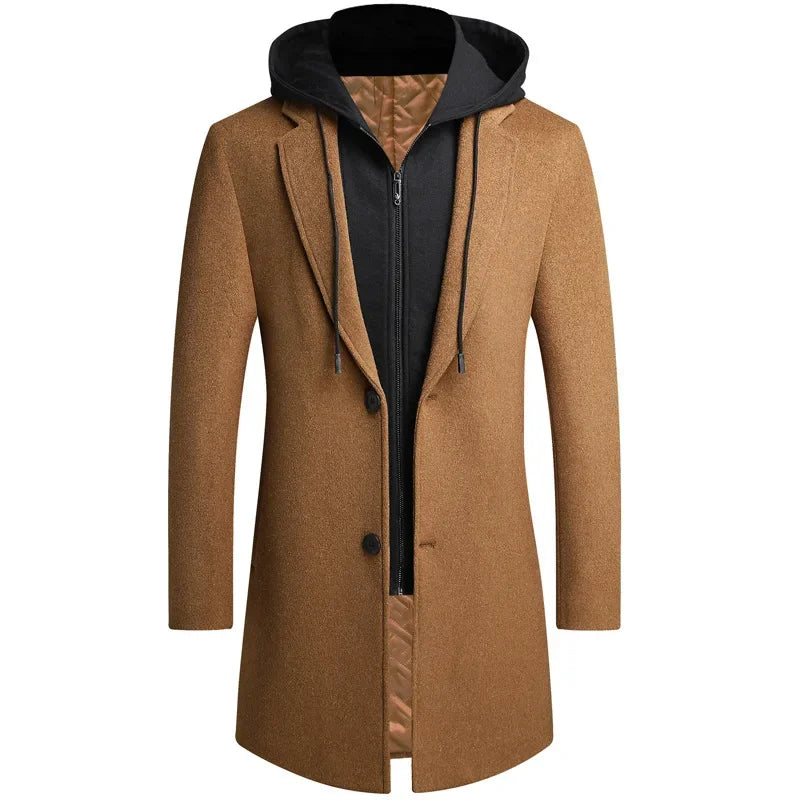 Men's Jacket Detachable Hooded Overcoat Tweed Overcoat Wool Casual Business Long Fall Winter New Thick Jacket Size M-4XL