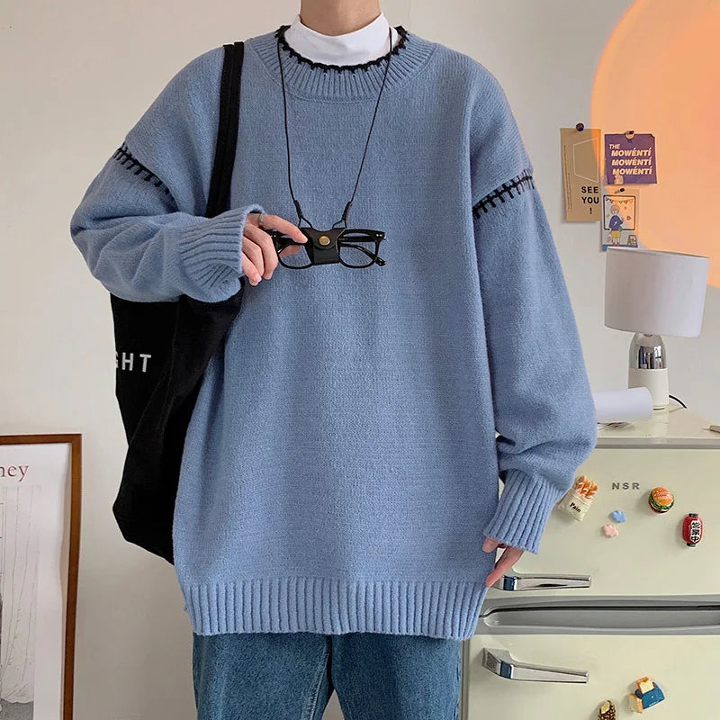 saferido Men's Knit Pullovers Sweaters and Jumpers Vintage Retro Sweater Knitted Pullover Men Korean Streetwear Hip Hop Spliced