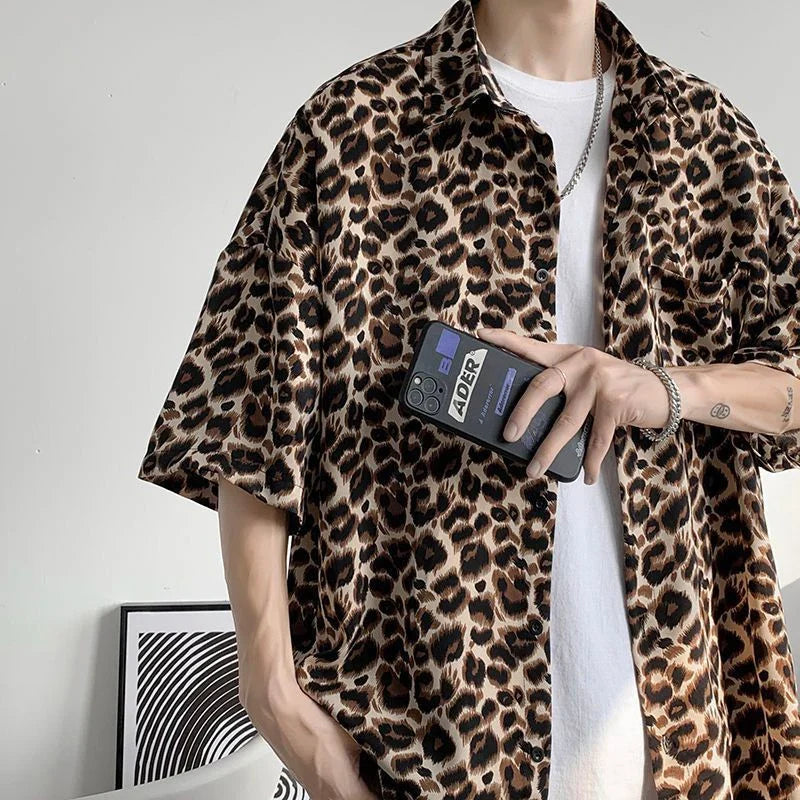 Fashion Casual Streetwear Korean Leopard Loose Button Handsome Shirts Spring Summer Thin Men's Clothing Turn-down Collar Tops