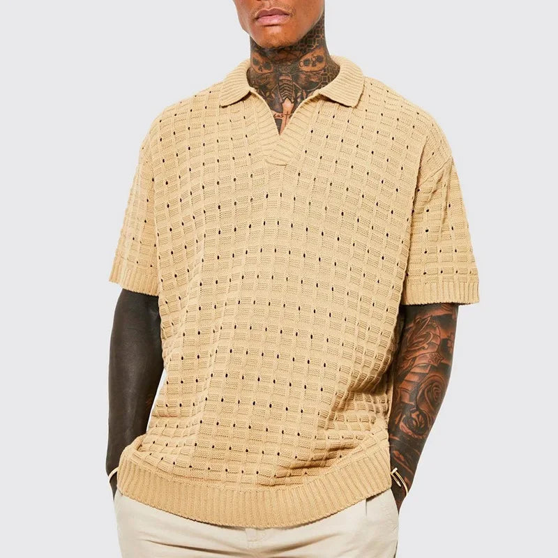 Men's Elastic Loose T-shirt Sweater Men's Knitted Short Sleeve Casual T-shirt Men's V-neck T-shirt Men's