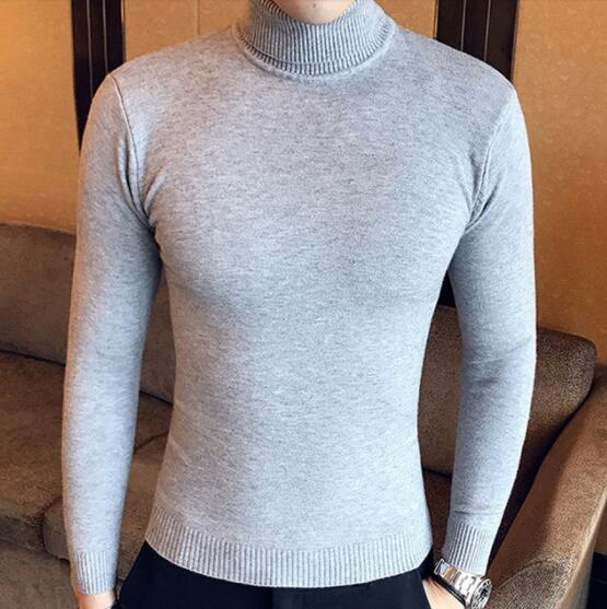 Korean Slim Solid Color Turtleneck Sweater Mens Winter Long Sleeve Warm Knit Sweater Classic Solid Casual Bottoming Shirt