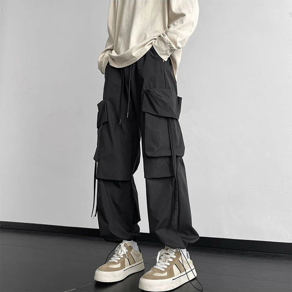 saferido Mens American Street Workwear Style Casual Wide-Leg Pants Genderless Autumn Winter Trendy Velvet Warm Pocket Trousers Unisex