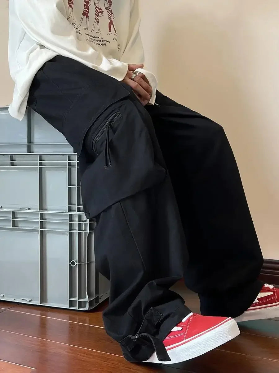 Trendy American Style Casual Pants For Men Loose Fit Straight Leg Hip Hop Summer Pants Fashion Red Cargo
