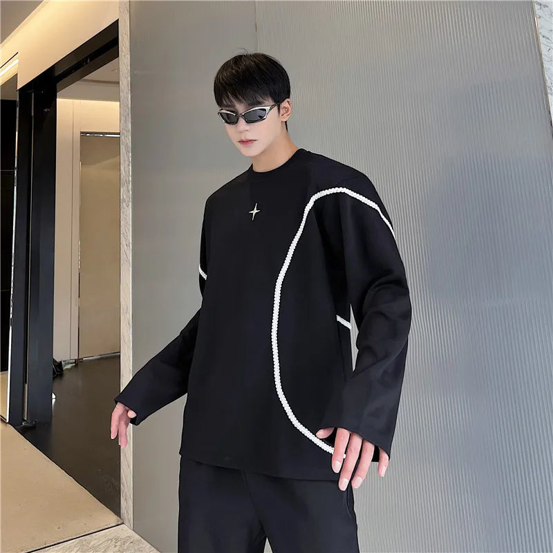 saferido harajuku Spring Autumn Men Clothing Long Sleeve Embroidery Shoulder Pad T-shirt Round Collar Casual T Shirts Tops For Male
