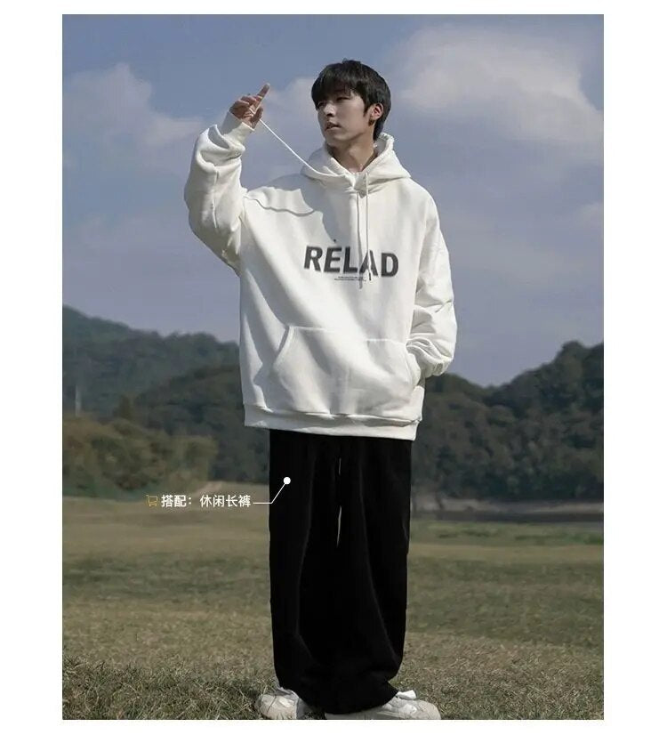 Autumn Men Fleece Hoodies Fashion New Pullovers RELAD Letter Print Hooded Sweatshirt Casual Tracksuit Loose Male Streetwear Tops
