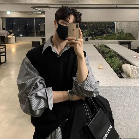 Autumn Acrylic Knitted Sweater Vest Men V-neck Sleeveless Golf Vest Korean Style Solid Color Loose Casual Casual Men's Vest