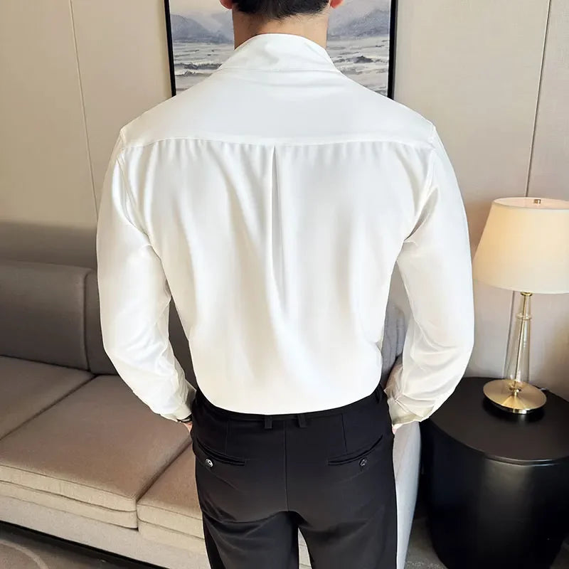 Men V-neck Shirt Spring New British Style Anti-wrinkle Soft Solid Casual Elastic Slim Fit Long Sleeved Shirt Men Clothing