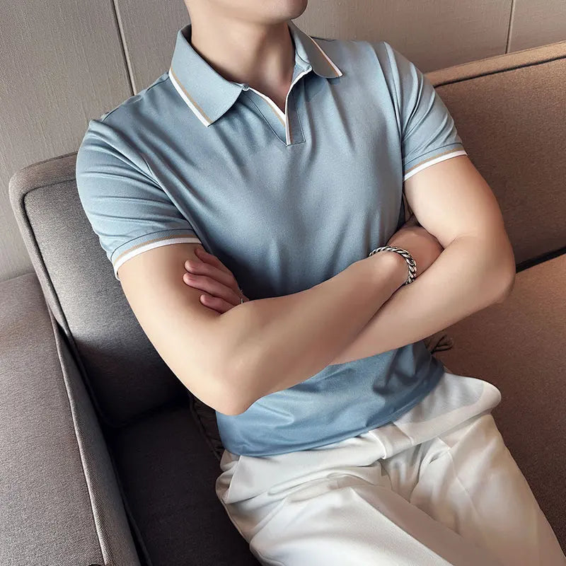 saferido Summer New Style Men's Casual Slim Fit Short Sleeve Solid Color POLO Shirt British Slim Lapel Color Blue T-shirt Polo S-4XL