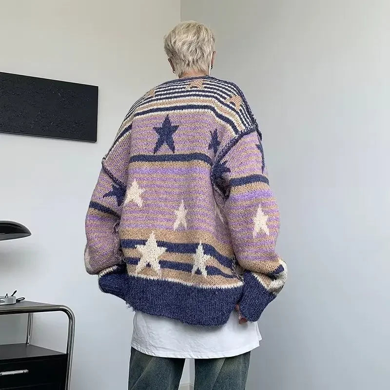 saferido Y2K Star Sweater Men Harajuku Striped Knitted Pullovers Jumpers Male Tops Oversize Purple Winter Streetwear Hip Hop