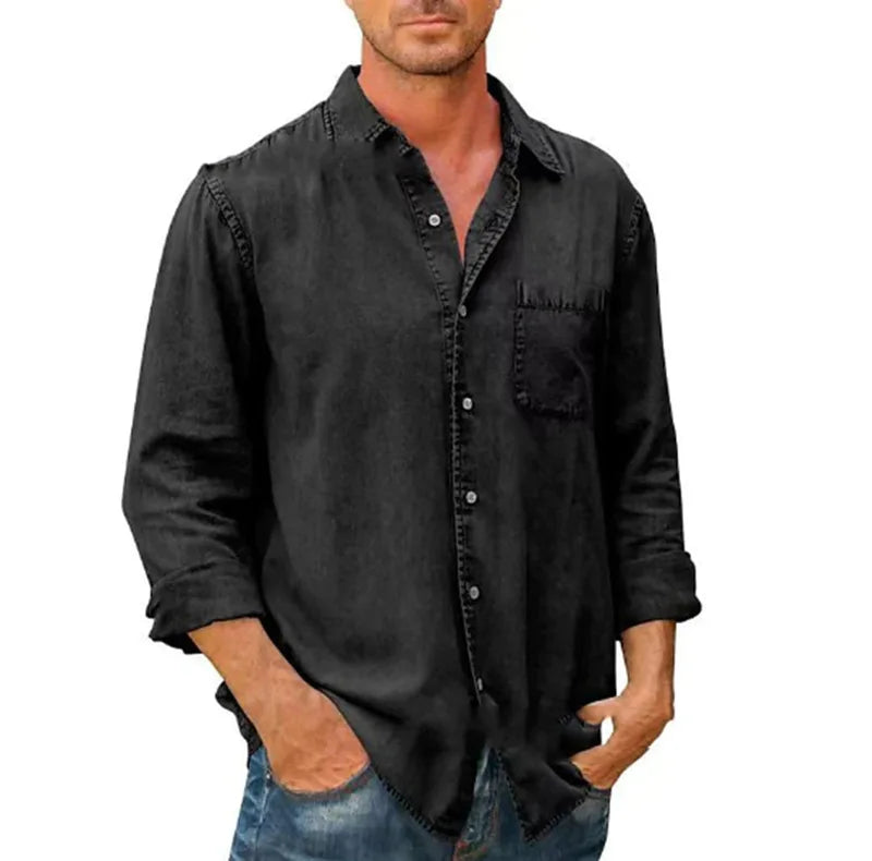 saferido Spring Autumn New Mens Denim Long Sleeve Button Down Pocket Shirt Retro Work Male Slim Fit Solid Color Casual Fashion Tops