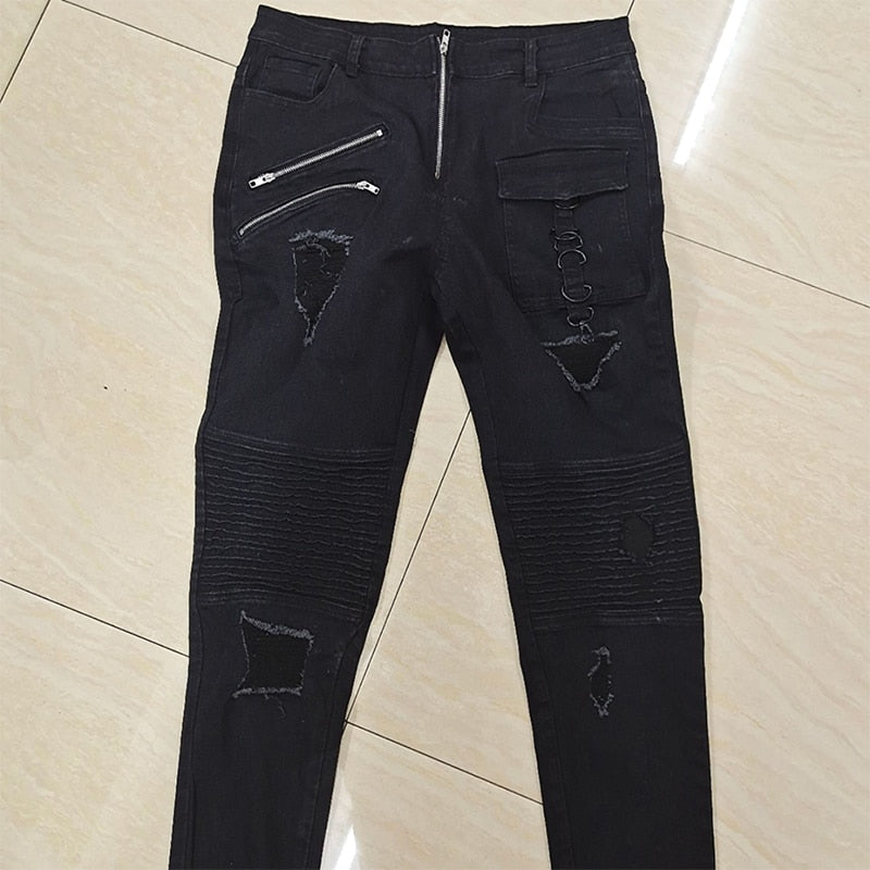 Straight Jeans Men Punk Skinny Denim Pants Spring Summer Boyfriend Jeans Streetwear Zipper Slim Fit Black Goth Trousers
