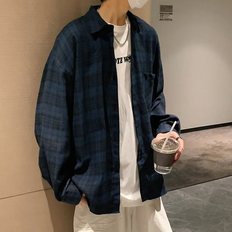 saferido Japanese Retro Fashion Spring Plaid Shirt Men Long Sleeve Plaid Shirt 100% Cotton Men's Casual Baggy Button Up Tees Shirt