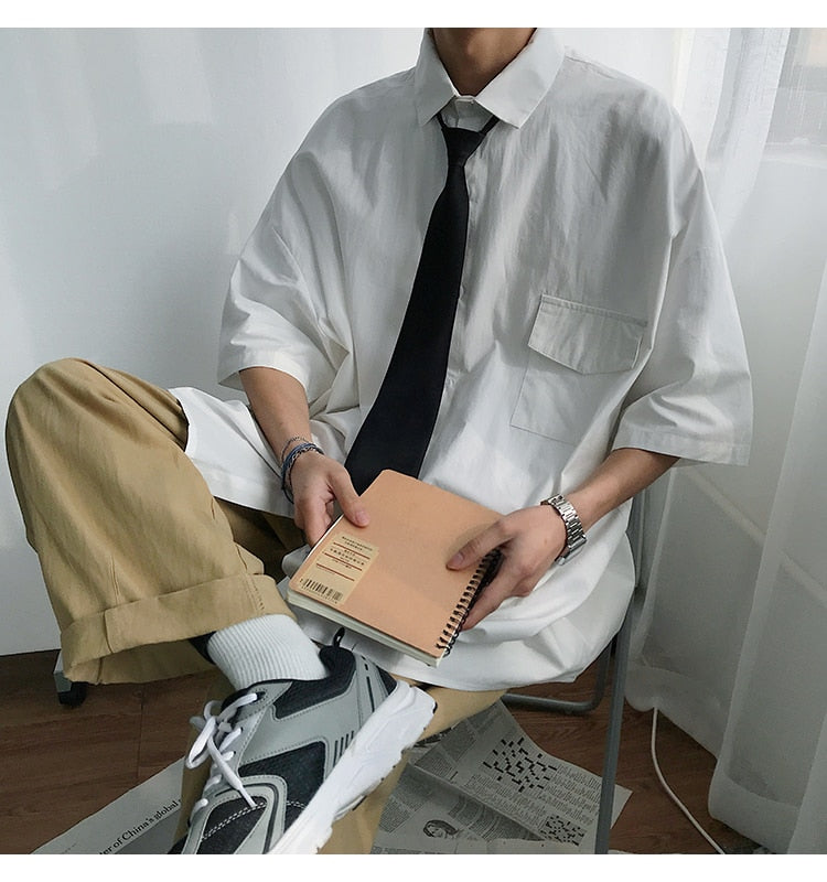 saferido Summer New Fashion Loose Solid Shirts Men's Casual Short Sleeve Shirts Turn-down Collar Clothing Blouses Tops Q02