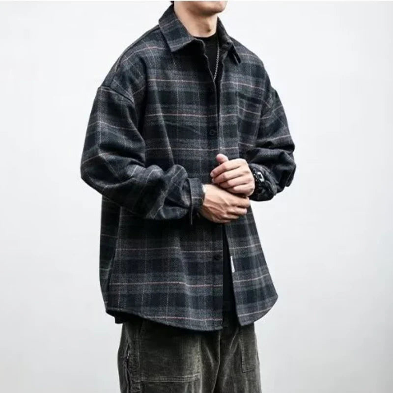 Shirts for Men Chic Long Sleeve Casual Spring Autumn Daily Streetwear All-match Japanese Style Plaid Retro Fashion Outerwear