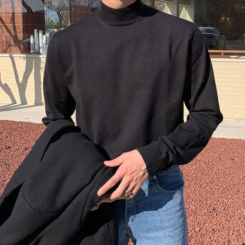 saferido Half Turtleneck Sweater Men Vintage Long-sleeved Korean Solid Knit Sweater Underwear Bottoming Shirt Casual Versatile Male