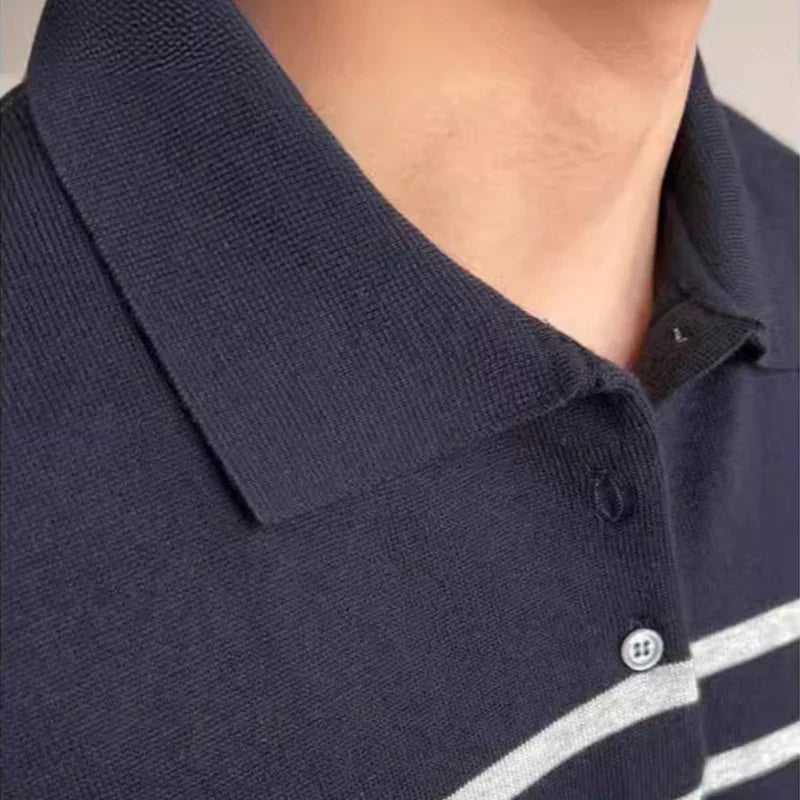 Fashion Striped Mens Knit Polo Shirts Slim Fit Short Sleeve Buttoned Lapel Knitted Polos T Shirt For Men Summer Casual Knitwear