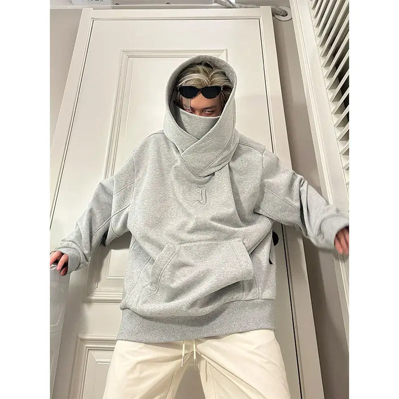 saferido Korean Street Style Solid Color High Collar Oversized Hoodie Men Fashion Loose Casual Hooded Top Harajuku New Sweatshirt Hoodie