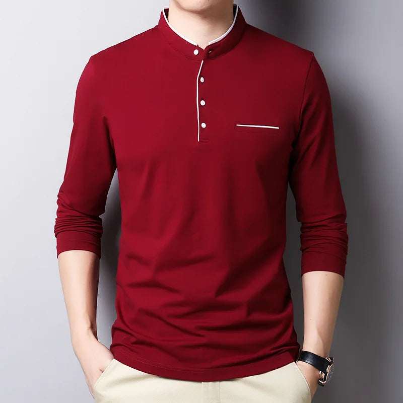saferido New Spring Autumn T Shirt Men Cotton Long Sleeve Slim Fit Mens Tshirt Fashion MANDARIN COLLAR Solid Color Tops Tees Men Clothing
