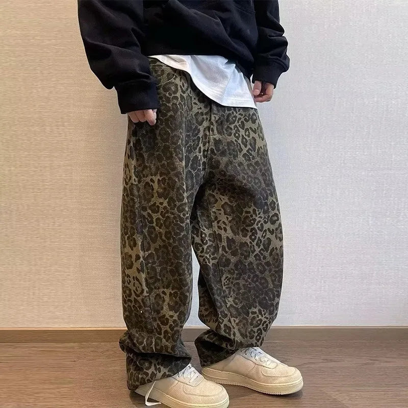 Y2k Leopard Jeans Pants Men Oversized Panther Print Jean Wide Leg Pant Fashion Trendy Retro Loose Man Hipop Baggy Jean Trousers