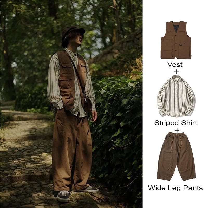 Japanese Vintage Set Men Women Multi-pocket Cargo Vest Spring Autumn Striped Long-sleeved Shirt Loose Casual Pants Three-piece