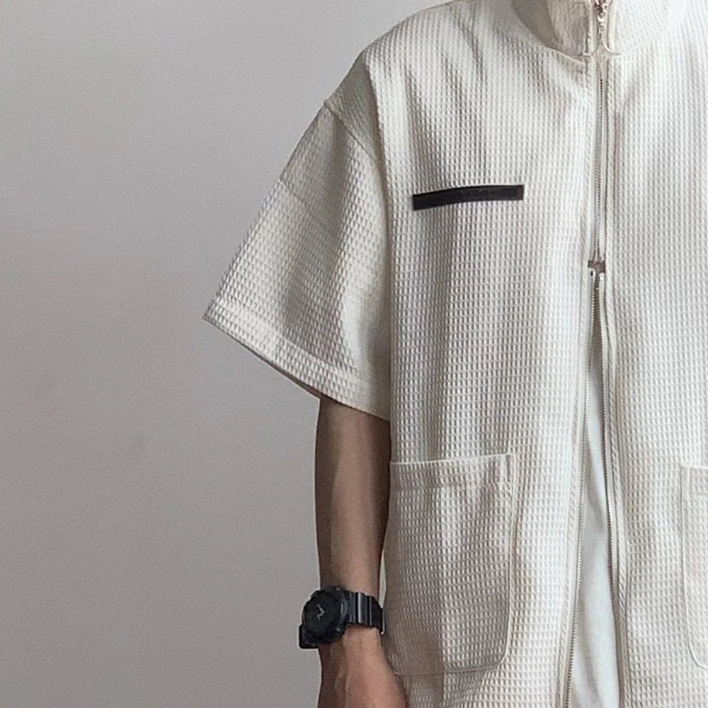 saferido Spring Summer Solid Waffle Shirt Men Zipper Shirts Trend Stand Collar Short Sleeve Tops Unisex Man Shirts Oversized Streetwear F