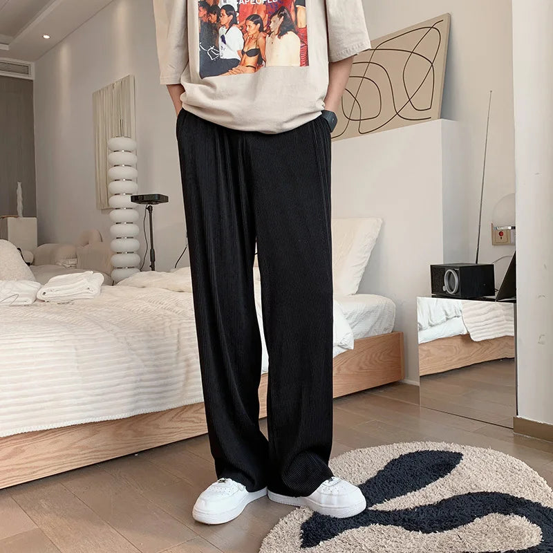 saferido Summer Pleated Pants Men Oversized Gray Black Casual Trousers Men Japanese Streetwear Loose Wide Leg Pants Mens Ice Silk Pants