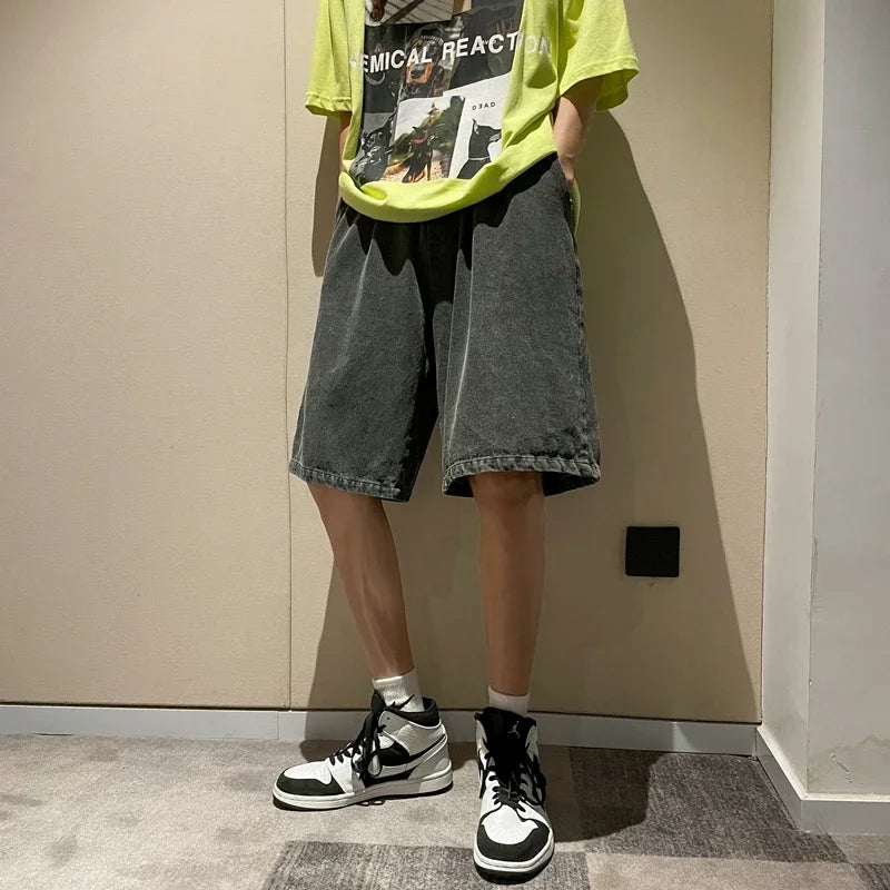 saferido Summer New Men's Loose Denim Shorts Blue Black Fashion Wide Legs Casual Oversized Baggy Beach Short Jeans Male Bermuda