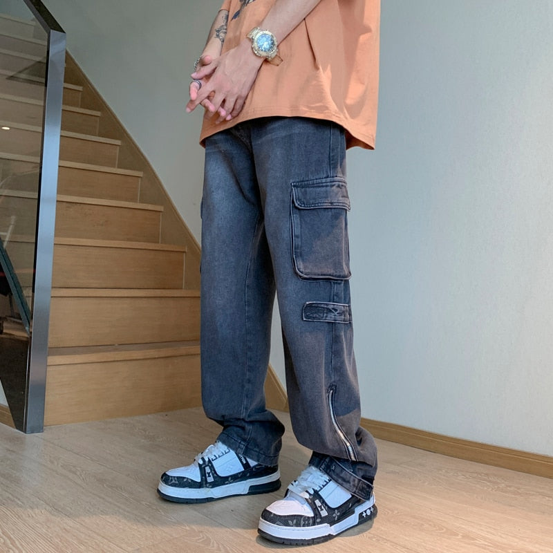 Fashion Pocket Zipper Men's Jeans Neutral Wide Leg Denim Trousers Loose Straight Jeans Youth Casual Neutral Hip Hop Pants