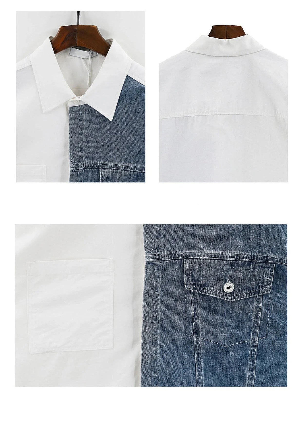 Denim Patchwork White Shirt Men Lapel Long Sleeve Button Loose Tops Spring Autumn Fashion Vintage Shirts Streetwear Male