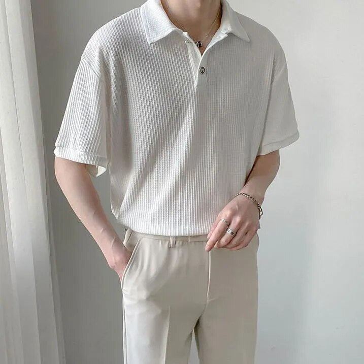 Summer Men Solid Color Tops New Korean Style Button Polo Shirts Fashion Casual Loose Lapel Polo Shirts Men's Clothing