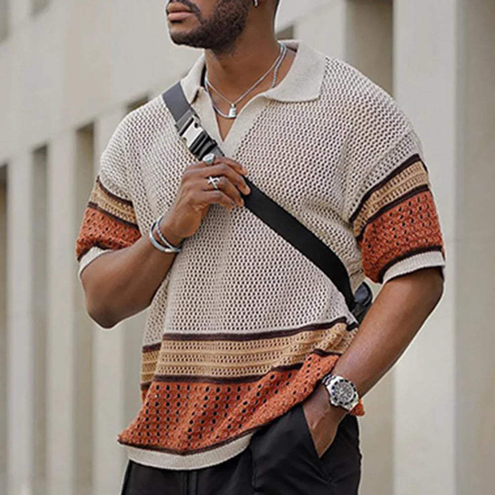 Knit Top Mens Boho Clothing Reto Polo Shirt Men Short Sleeve Vintage Sweater Contrast Hollow Summer Men Casual T Shirts Pullover