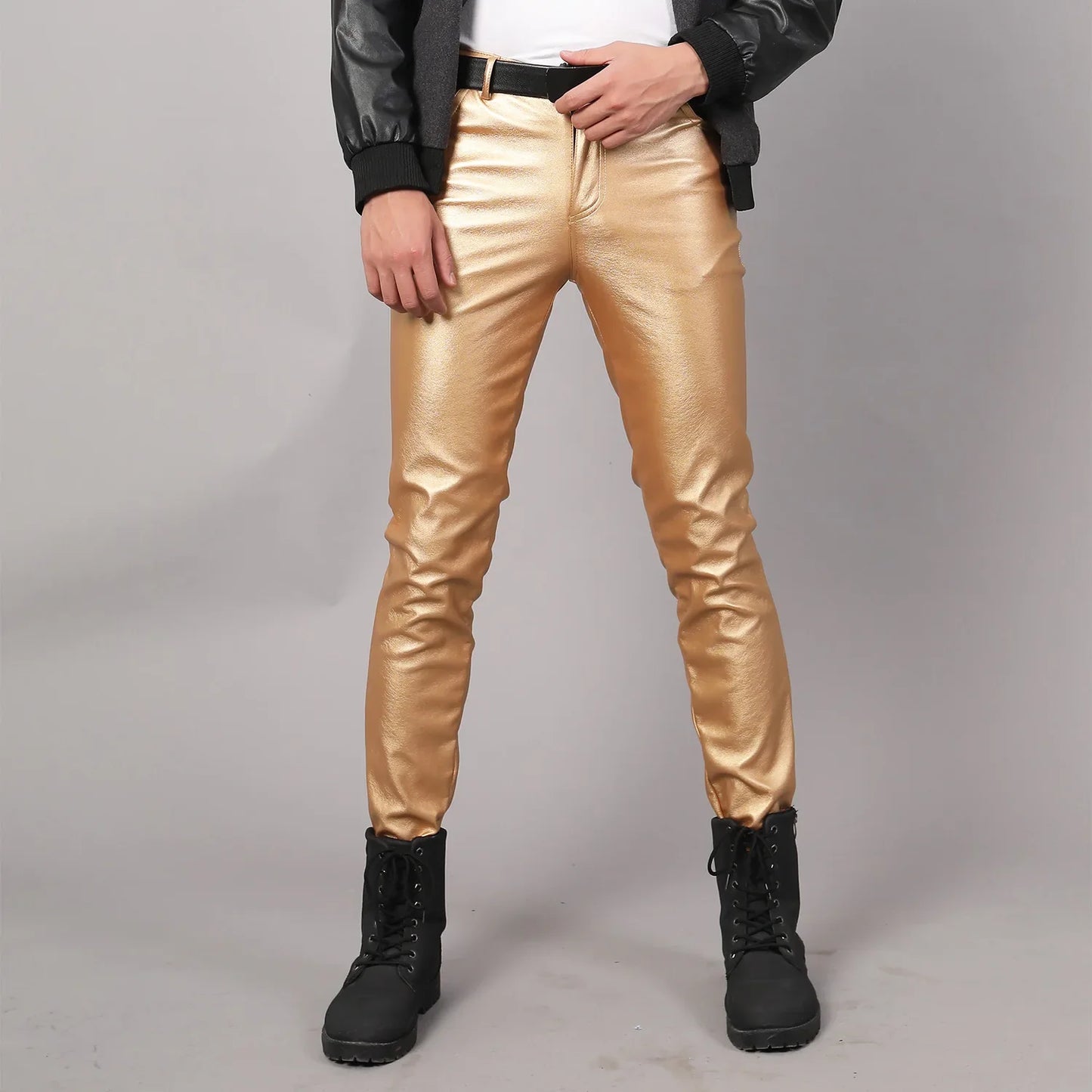 saferido Men's Leather Pants Spring Autumn Slim Fit Elastic Style Male Fashion PU Leather Trousers Moto Pants Solid Color Casual Bottoms
