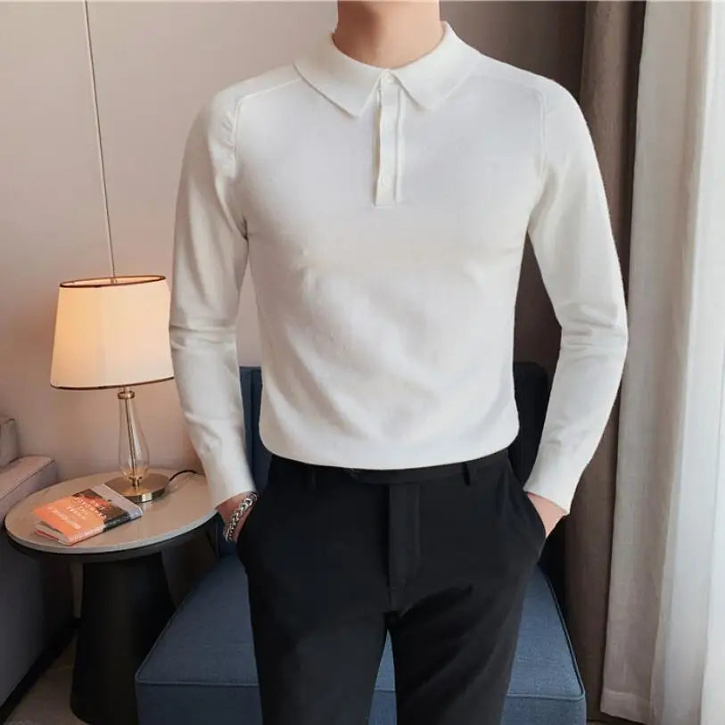 saferido Summer Mens Long-Sleeved Knitted Casual POLO Shirts Contrast Color British Slim Fit Lapel POLO Shirt Men Clothes S-3XL