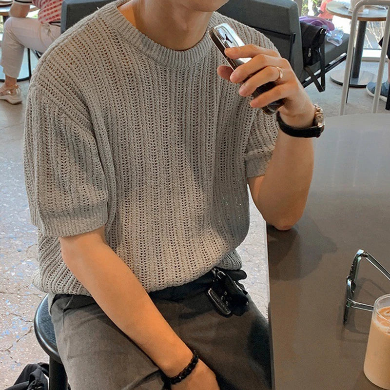 Men's Clothing Light Luxury Hollow Out O Neck Knit T Shirt Leisure Solid Color Short Sleeve Korean Popular Retro Knitwear M-2XL