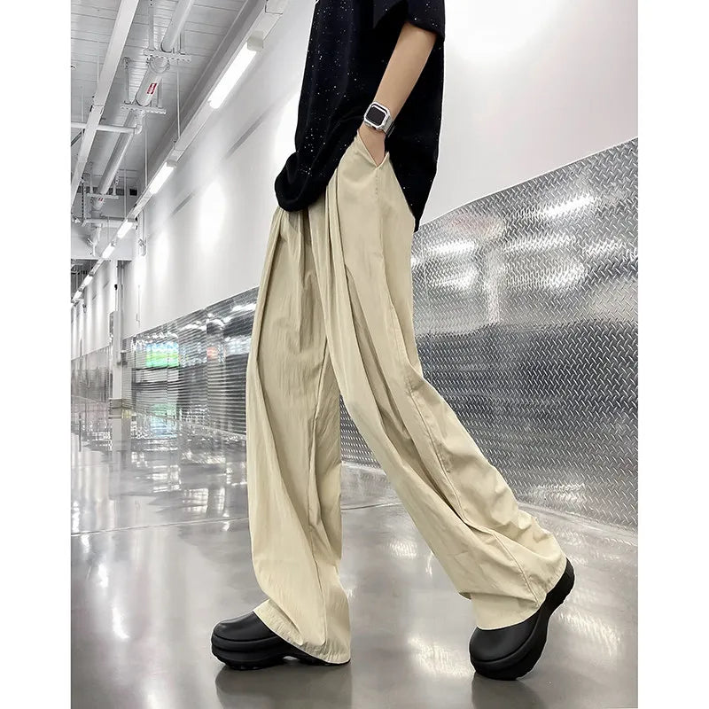 saferido Summer Casual Pants Men Solid Simple Ice Silk Breathable Baggy Wide Leg Trousers Japanese Style Vintage Fashion Couples Chic Ins