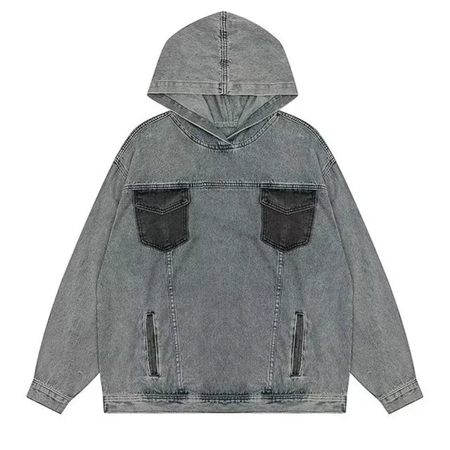 Japanese Denim Hooded Jacket Men Women Loose Casual Vintage Sweatshirt Coat High Street Washed Denim Pullover Varsity Autumn