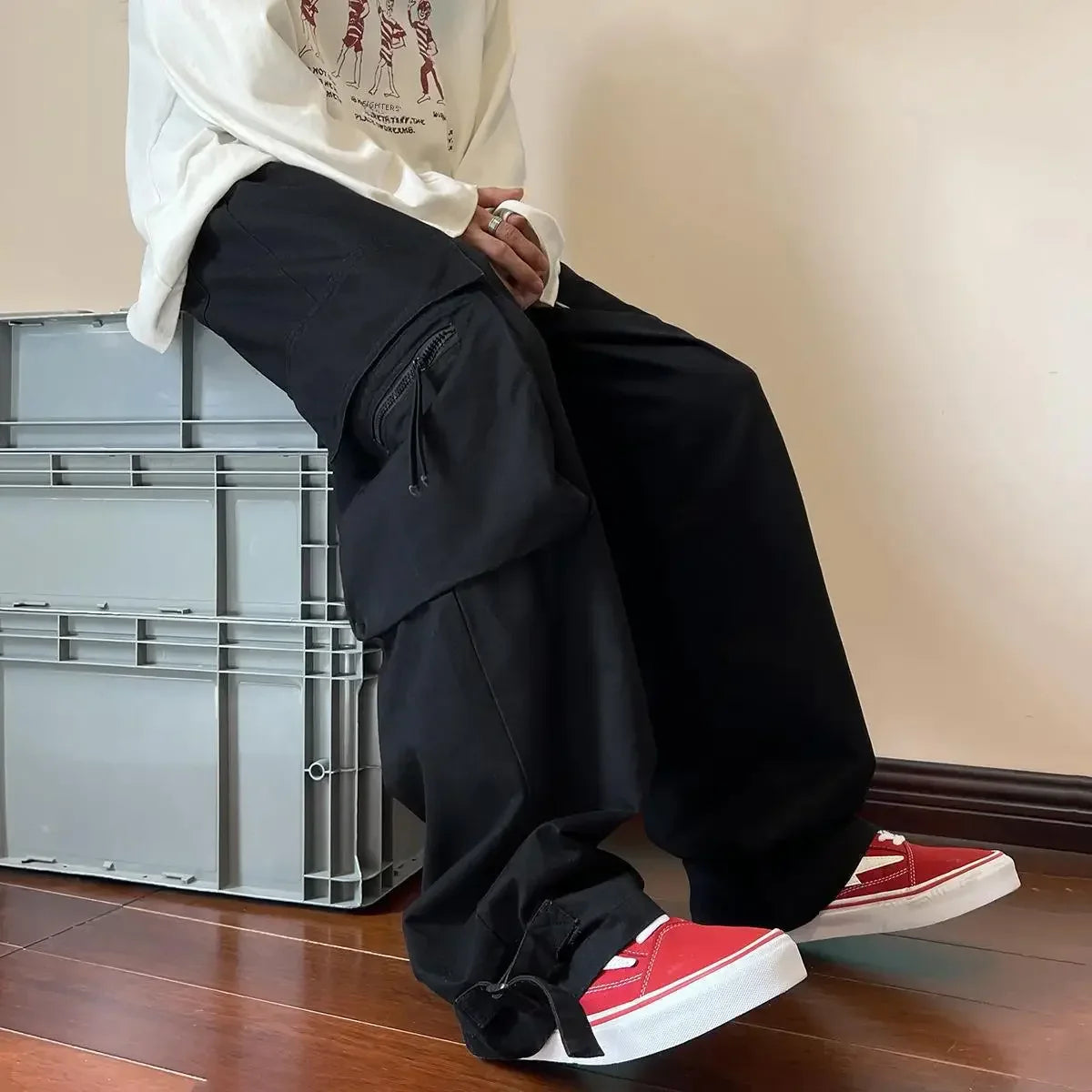 Trendy American Style Casual Pants For Men Loose Fit Straight Leg Hip Hop Summer Pants Fashion Red Cargo