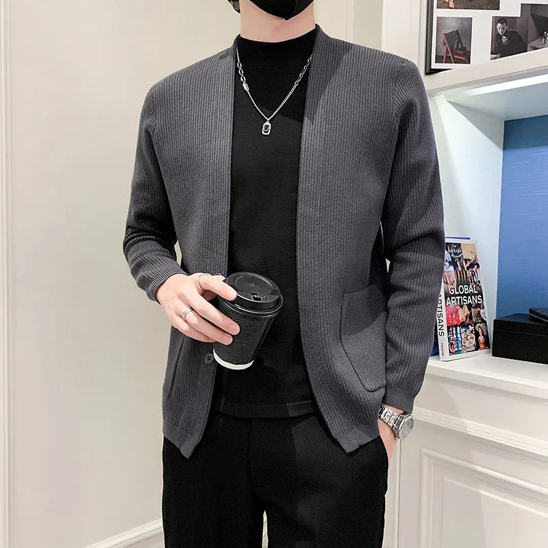 saferido Men Spring Autumn Cardigan Sweater Fashion Sim Fit Patchwork V Neck Mens Knitted Cardigan Single Breasted Casual Sweatercoat Man