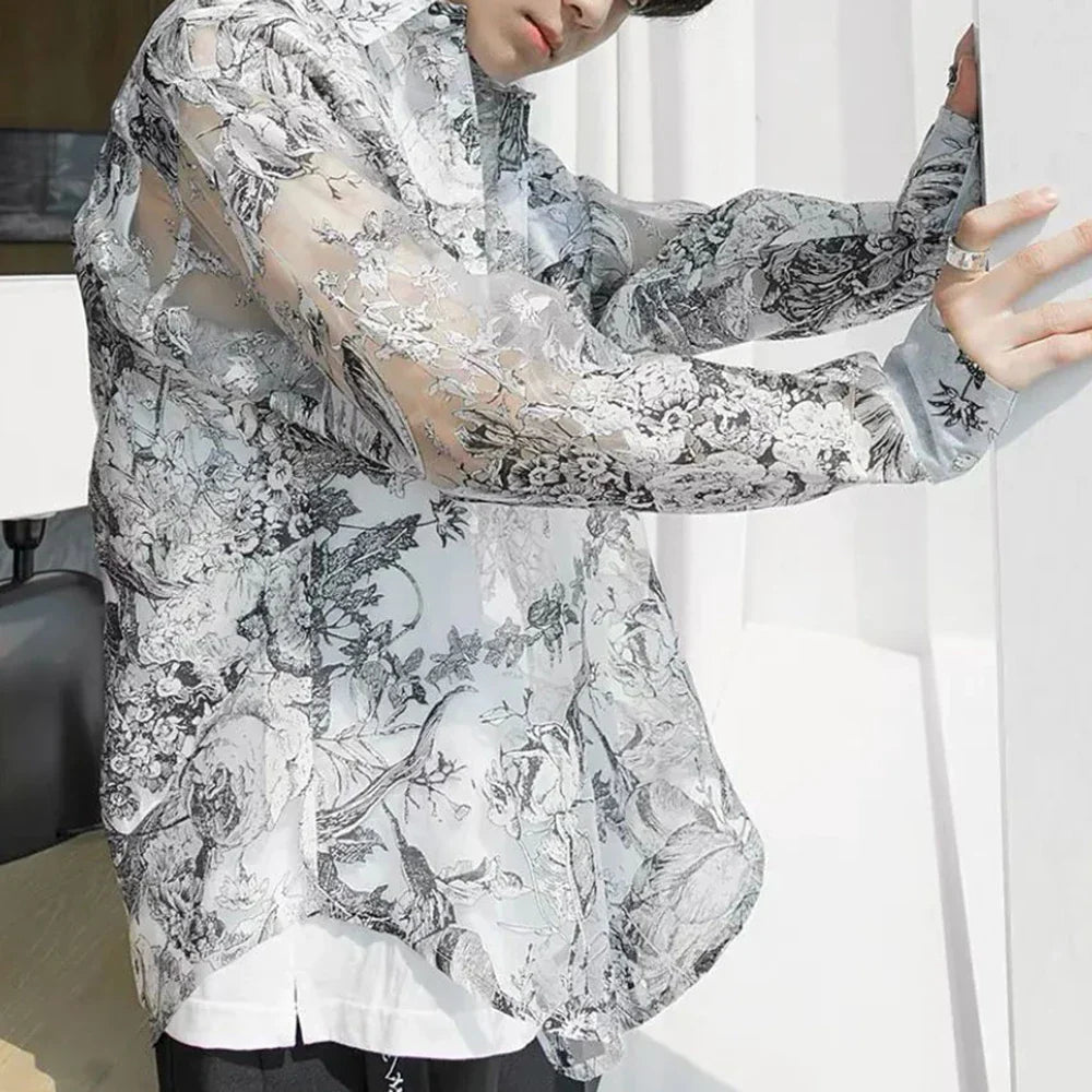 saferido Shirts Men Fashion Mesh Floral Shirt Harajuku Gothic Top Long Sleeve Korean Loose Street Sun-proof Summer Holiday Casual Clothes