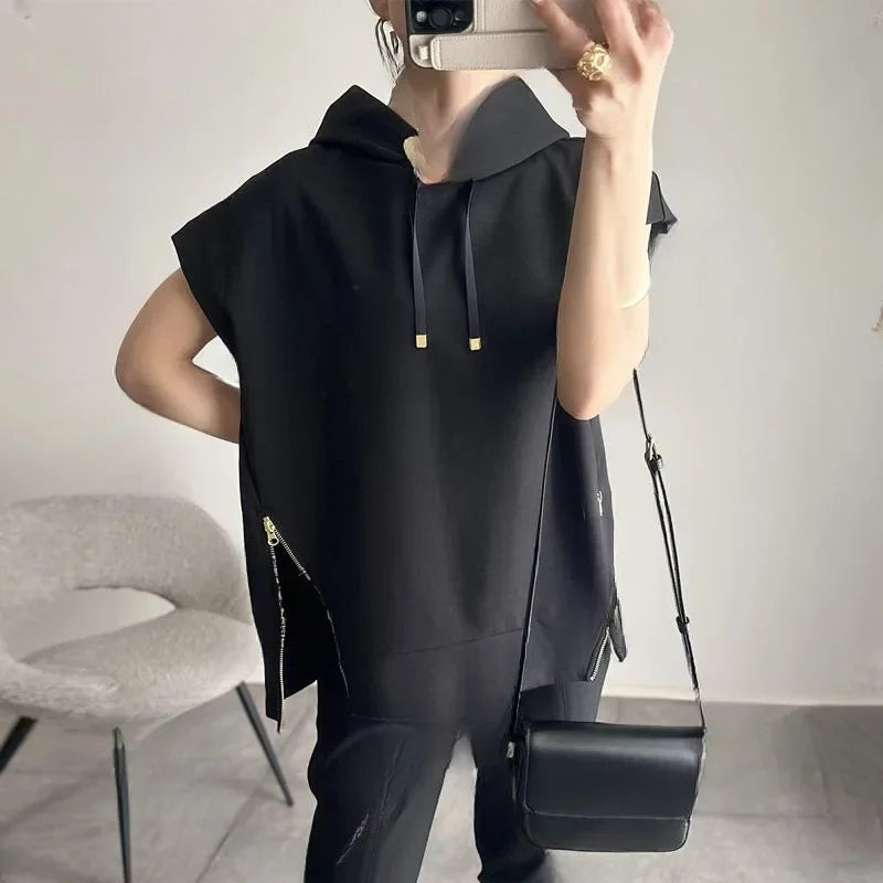 saferido In-stock Japanese Style Summer New Hooded Zippered Short Sleeve Top Hooded Two-sided Zippered Short Sleeve T-shirt