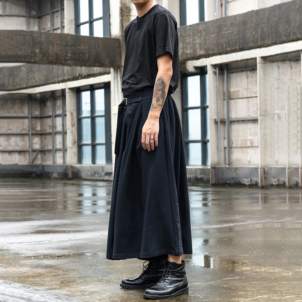 saferido Japan Streetwear Fashion Loose Casual Wide Leg Pant Men Punk Hip Hop Gothic Skirt Pants Black Harem Trousers Genderless Clothes